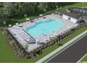 Aerial view of a community pool with lounge chairs, umbrellas, and a nearby clubhouse at 290 Myrtle Meadows Dr # 505F, Conway, SC 29526