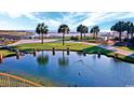 Scenic view of a tranquil pond with palm trees and a wooden bridge, perfect for relaxation at 100 Ocean Creek Blvd. # J1, Myrtle Beach, SC 29572
