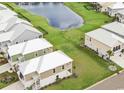 An aerial view of the community with a small lake, well-maintained landscaping, and white roofs at 508 Chanted Dr., Murrells Inlet, SC 29576