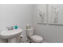 Simple powder room with a white pedestal sink, toilet, and decorative artwork enhancing the clean design at 6007 Forest Dell Ct, Myrtle Beach, SC 29579