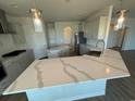 Modern kitchen featuring a large island, stainless steel appliances, and gray cabinets at 4008 Bucolic Loop, Myrtle Beach, SC 29588