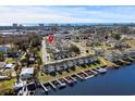 Aerial view of waterfront community with ocean view and boat docks, highlighted with a red marker pin at 800 Lorenzo Dr., North Myrtle Beach, SC 29582