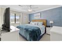 Relaxing bedroom with blue accent wall, ceiling fan and a comfortable queen bed at 1095 Plantation Dr. W # 27M, Little River, SC 29566