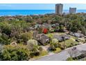A scenic aerial view of a house situated near the ocean, surrounded by lush greenery and neighborhood homes at 5616 N Kings Hwy., Myrtle Beach, SC 29577