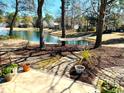 Peaceful backyard featuring a hammock between trees overlooking a tranquil pond and lush landscaping at 728 Camden Circle, Pawleys Island, SC 29585