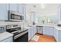 Modern kitchen features stainless steel appliances, white subway tile backsplash, and light blue cabinets at 908 S Ocean Blvd., North Myrtle Beach, SC 29582