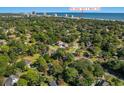 Aerial view of a beautiful home nestled among mature trees with a glimpse of the ocean in the distance at 404 Club Dr., Myrtle Beach, SC 29572