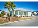 Inviting beach house with light blue exterior, white trim, and cozy porch seating beneath palm trees at 5223 Sea Coral Way, North Myrtle Beach, SC 29582