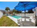Inviting pool area with a picnic table and umbrella, surrounded by a white fence for added privacy at 213 S Myrtle Dr., Surfside Beach, SC 29575