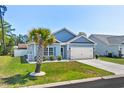 Inviting single-story home with a well-manicured lawn, blue siding, and a majestic palm tree at 361 Rycola Circle, Myrtle Beach, SC 29575