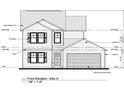 Blueprint of front elevation showing asphalt shingles, lap siding, shutters, trim details, and door style specifications at 1490 Hardwick Rd., Conway, SC 29526