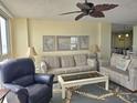 Comfortable living room with plush seating, ceiling fan and water view at 2507 S Ocean Blvd., North Myrtle Beach, SC 29582