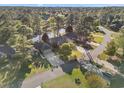 Aerial view of houses nestled among mature trees and a pond within a quiet neighborhood at 111 Cedar Ridge Ln., Conway, SC 29526