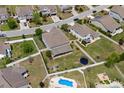 Aerial shot of a spacious backyard featuring a pool, trampoline, playground, and a covered patio at 3110 Bramble Glen Dr., Myrtle Beach, SC 29579