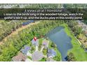 A serene aerial view shows a house nestled by a pond and lush greenery at 1249 Trent Dr., Murrells Inlet, SC 29576