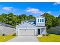 Attractive two-story home featuring blue siding, a garage, and a green front lawn at 1055 Sentinel Ct., Little River, SC 29566