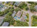 Aerial view highlights a home nestled among trees, featuring a private pool in the backyard at 118A 6Th Ave. N, Surfside Beach, SC 29575