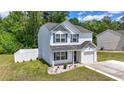 Charming two-story home with blue shutters, a well-kept lawn, an attached one-car garage, and a white picket fence at 109 Winding Path Dr., Loris, SC 29569