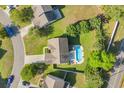 An aerial shot of a private backyard with a sparkling in-ground pool, lush greenery, and inviting outdoor space at 140 Zinnia Dr., Myrtle Beach, SC 29579