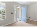 Home entryway featuring a blue front door with decorative glass and beige carpet at 68 Voyagers Dr., Pawleys Island, SC 29585