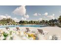 Community pool with lounge chairs and shade structures under a partly cloudy sky at 220 River Edge Dr., Myrtle Beach, SC 29588