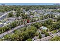 Aerial view of a townhome community with mature trees, a pool, and reserved parking, conveniently located near a pond at 55 Shadow Moss Pl. # 55, North Myrtle Beach, SC 29582