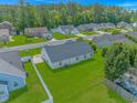 This aerial view shows a home with a spacious backyard in a quiet residential neighborhood at 125 Balsa Dr., Longs, SC 29568