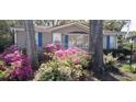 Close up of the home's exterior with pretty pink flowers in front and blue shutters on the windows at 930 S Marlin Circle, Murrells Inlet, SC 29576