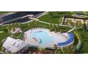 Bird's eye view of a modern community pool, with ample seating and a splash pad nearby at 283 River Edge Dr., Myrtle Beach, SC 29588