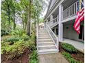 Exterior view of steps to a condo's entrance, surrounded by lush landscaping and tall trees at 75-4 Weehawka Way # 4, Pawleys Island, SC 29585