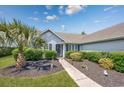 Beautiful home exterior with lush greenery, a walkway, and mature palm trees in a manicured garden at 1527 Hallborough Dr., Surfside Beach, SC 29575
