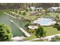 Breathtaking community aerial view showcasing a pool, pier, lounge area, and manicured green spaces at 1423 Winding Creek Way, Myrtle Beach, SC 29588