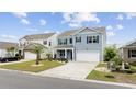 Charming two-story home with blue siding, dark shutters, well-manicured lawn and a two car garage at 3573 Bells Lake Circle, Longs, SC 29568
