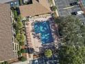 Top-down view of the sparkling pool area with ample lounge chairs, palm trees, and lush landscaping at 9501 Shore Dr. # A-311, Myrtle Beach, SC 29572