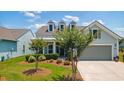 Inviting front yard with green lawn, mature crepe myrtle trees, and a two-car garage, creating a welcoming curb appeal at 6378 Torino Lane, Myrtle Beach, SC 29572