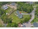 Aerial view of a charming home with a detached garage surrounded by lush greenery and mature trees at 124 Wicklow Way, Pawleys Island, SC 29585