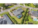 Overhead view of the property showing lush landscaping, pool with screened enclosure, and spacious yards at 2060 Woodburn Dr., Myrtle Beach, SC 29579