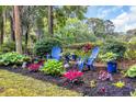 Backyard garden featuring colorful flowers, mulch beds, and comfortable outdoor seating at 139 Olde Canal Loop, Pawleys Island, SC 29585