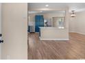 A contemporary kitchen design featuring stylish blue cabinets, white countertops, and stainless steel appliances at 704 Bonnie Dr., Myrtle Beach, SC 29588