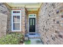 Close-up of the home's entryway with a black door, sidelight window, and classic brick surround at 327 Trestle Way, Conway, SC 29526
