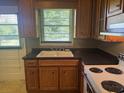 View of the kitchen with white double-basin sink, wood cabinets, and black countertop at 911 Park Ave., Marion, SC 29571
