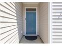 Close-up of a teal front door with detailed trim and modern hardware on a home with light-colored siding at 1074 Sennema Circle, Myrtle Beach, SC 29588