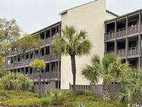 Exterior view of condo building with multiple units, palm trees, and neatly manicured grounds at 212 2Nd Ave. N # 362, North Myrtle Beach, SC 29582