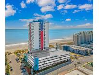 Stunning aerial view of oceanfront condo with private beach access and parking at 1605 S Ocean Blvd. # 410, Myrtle Beach, SC 29577