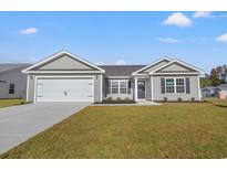 Newly constructed home with gray siding, two-car garage, and landscaped lawn at 355 Barn Owl Way, Conway, SC 29527