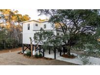 Coastal home on stilts, showcasing a modern design amidst mature trees and a well-maintained yard at 236 Brown Pelican Loop, Pawleys Island, SC 29585