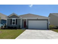 Charming single-story home with gray siding, a red front door, and a spacious two-car garage at 559 Duvall St., Longs, SC 29568