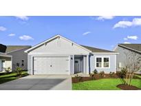 Charming single-story home with a two-car garage, landscaped yard and beautiful, light-blue siding at 3034 Deerberry Place, Longs, SC 29568