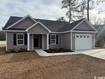 Gray vinyl-sided house with a white garage door and black shutters at 3015 Inheritance Rd., Conway, SC 29527