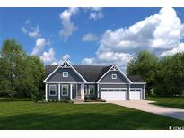 Charming single-story home with a three-car garage, beautiful landscaping, and inviting front porch at 7076 Denim Loop, Myrtle Beach, SC 29579